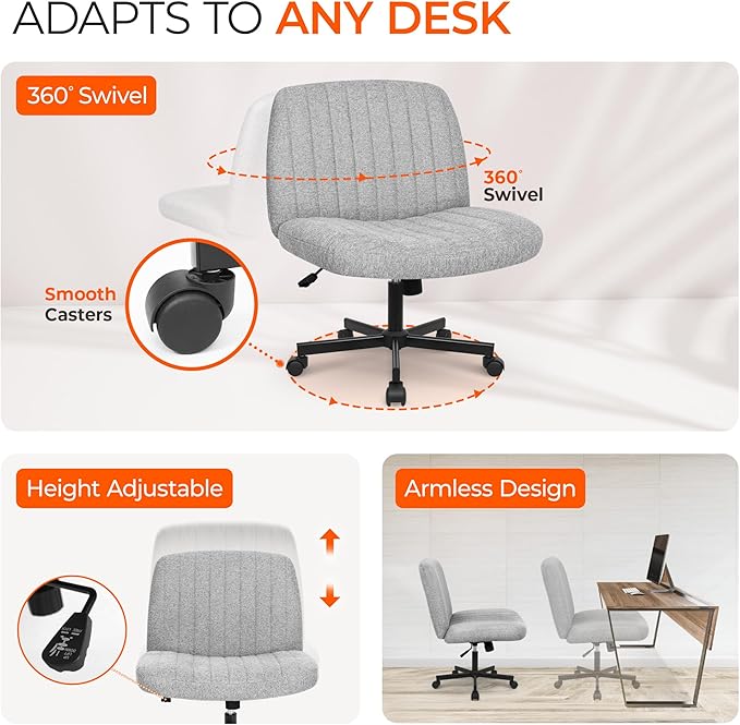 Orange Factory Criss Cross Chair Wheels Wide Cross Legged Office Desk Vanity Chair Comfy Fabric Armless Adjustable Swivel for Home Computer Task (Grey Wheel, Fabric)