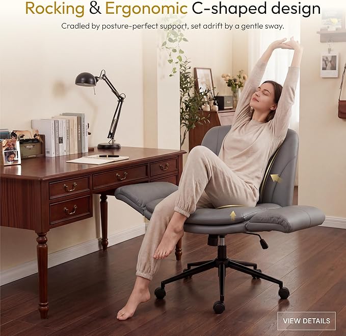 Dowinx Criss Cross Chair with Five-Level Adjustable Arms and Wheels - Comfortable Ergonomic PU Leather Swivel Vanity Chair - Computer Makeup Gaming Chair for Home Office, Bedroom, Vanity Room (Grey)
