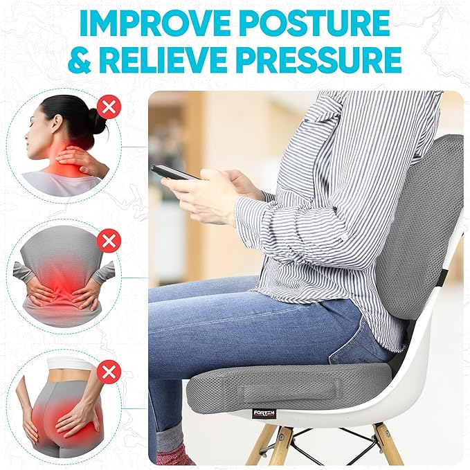 FORTEM Seat Cushion, Office Chair Cushion, Lumbar Support Pillow for Office Chair, Memory Foam Car Seat Cushions, Sciatica Coccyx Tailbone Pain Relief, Cushions for Back Support, Washable, Non Slip XL