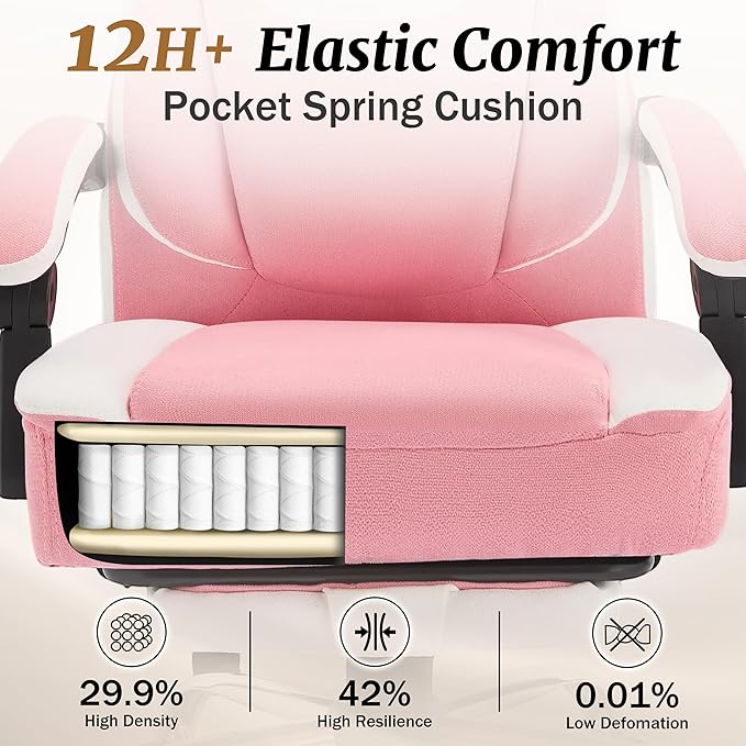 Massage Office Chair with Foot Rest,6-Point Vibration & Heat Reclining Computer Chair,Big and Tall Fabric Office Chair for Heavy People,Ergonomic Executive Desk Chair,High Back,PinkWhite