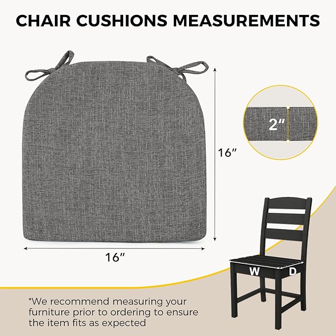 downluxe Indoor Chair Cushions for Dining Chairs, Soft and Comfortable Textured Foam Kitchen Chair Pads with Ties and Non-Slip Backing, 16" x 16" x 2", Dark Grey, 4 Pack