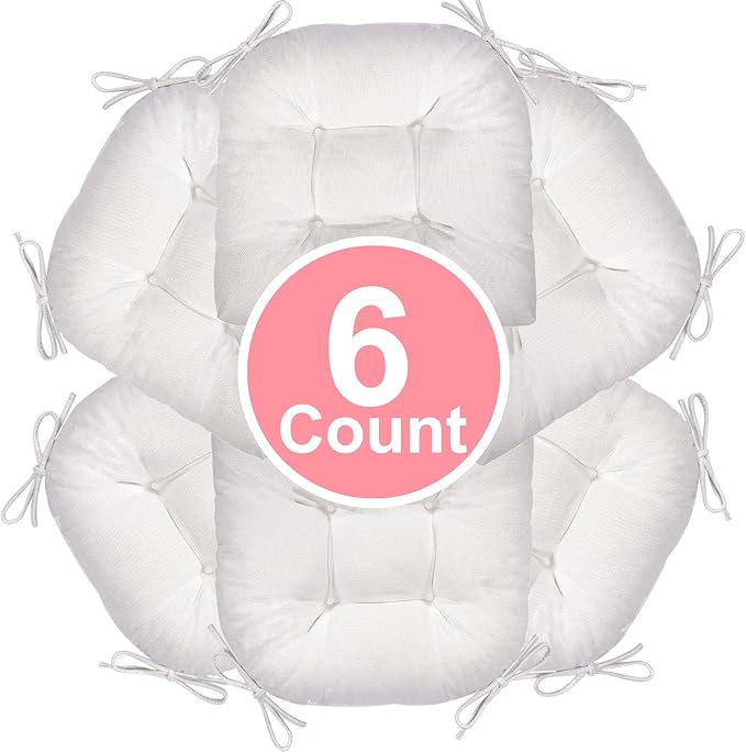 Chair Cushion, Chair Cushions for Dining Chairs, Chair Pads and Mat with Ties for Indoor Kitchen Seat and Desk (White, 6 Count - 17 x 16 in)