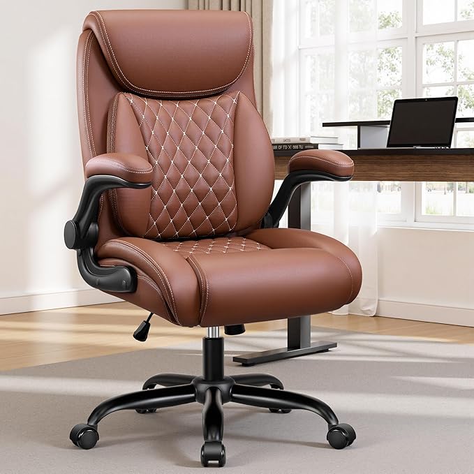 BESTFAIR Office Chair, Ergonomic Computer Desk Chairs with Lumbar Support for Lower Back Pain Relief, Executive Leather Home Chair Comfy with Padded Flip-up Armrests, Brown, 2-Pack