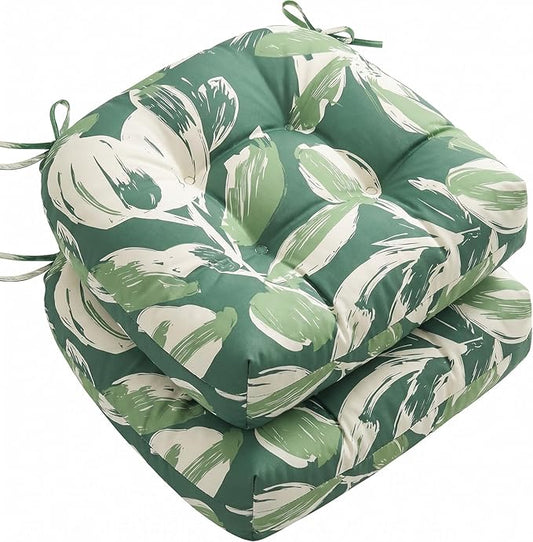 1 MIDDLE ONE Outdoor Chair Cushions Set of 2, Outdoor Cushions for Patio Furniture and Wicker Chair, Memory Foam Patio Seat Cushion Pads with Ties, 19 x 19 Inch (Green Tulip)