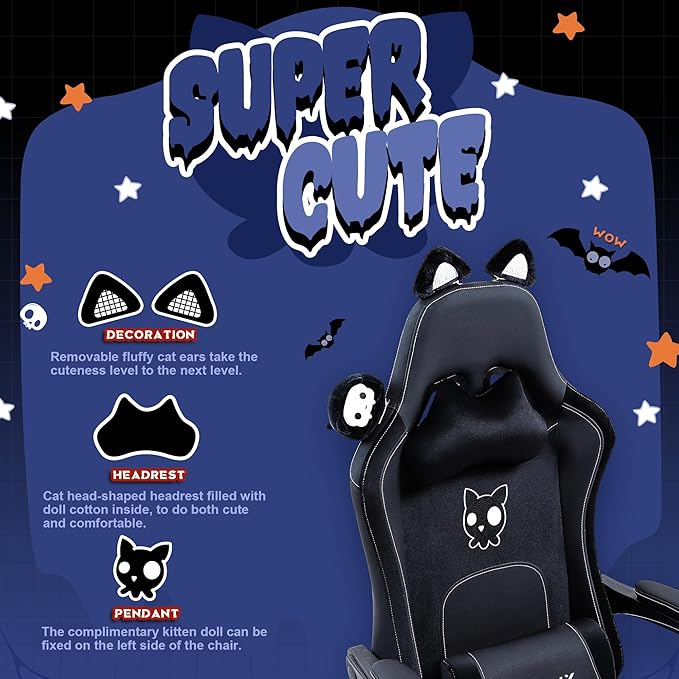 Dowinx Gaming Chair Cute with Cat Ears and Massage Lumbar Support, Ergonomic Computer Chair for Girl with Footrest and Headrest, Comfortable Reclining Game Chair 290lbs for Adult, Teen, White
