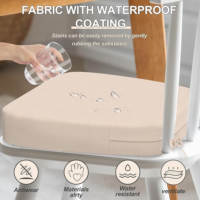 17'' x 16'' x 2.5"Thick Chair Cushions for Dining Chairs, 6 Pack WaterProof Easy Clean Kitchen Chair Pads with Ties and Non-Slip Backing - 30D High Elastic Foam Soft Kitchen Chair Cushions