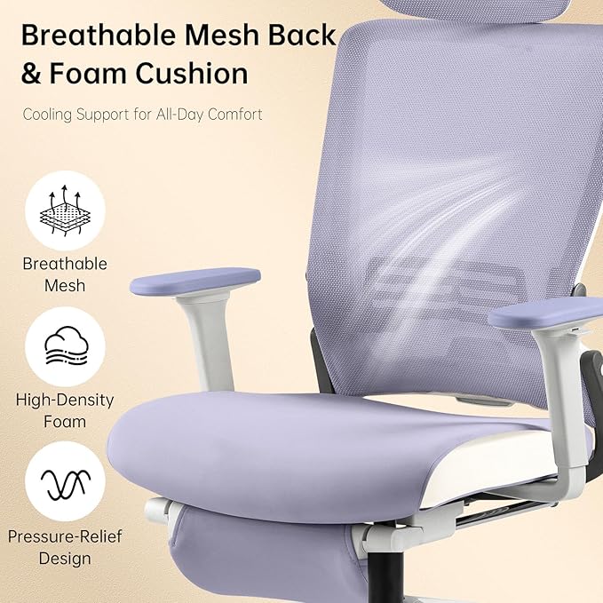 Foldable Office Chair with Foot Rest, Ergonomic Office Chair with Adjustable Lumbar Support, Headrest, Armrest, Home Office Desk Chair for Space Saving, Work from Home, Purple