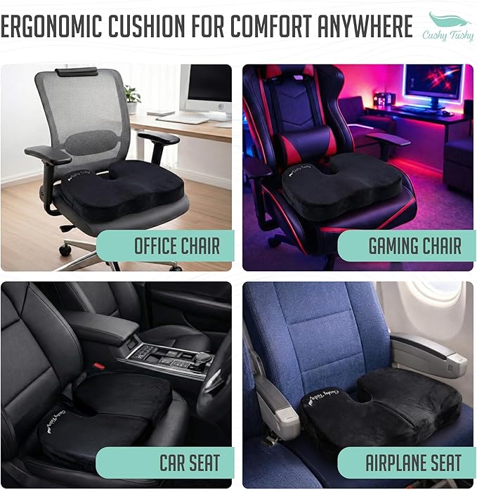 Cushy Tushy Premium Foldable Travel Seat Cushion - for Relief of Lower Back, Sciatic, Butt and Tailbone Pain - for Home & Office Use, Perfect for Travel or Driving - Coccyx Seat Cushion