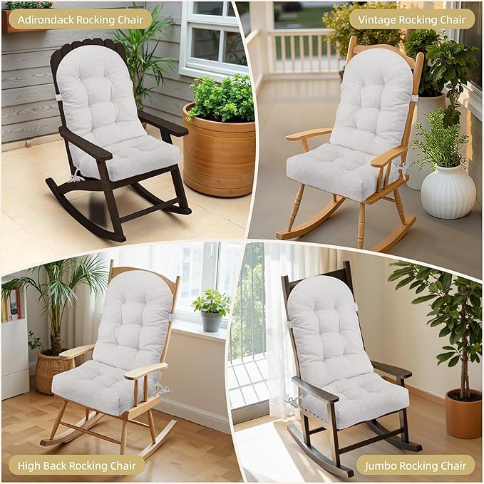Rocking Chair Cushion - Lola Cotton-Linen Fabric, High-Density Sponge, Durable Comfort Non-Slip Bottom Tufted Seat Pads with Ties, Lola︱Off-White, 44x19x4 inch
