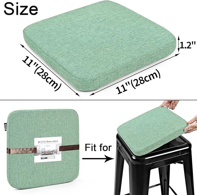 BUYUE Friendly Woven Fabric Magnetic Bar Stool Cushions Set of 4, Enhanced Anti-Slip Breathable Small Chair Seat Pads for Café Bistro Stackable Metal Stools (Square, Light Green, 4 Counts)