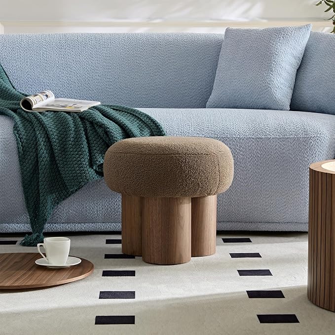 Round Foot Stool, Small Mushroom Ottoman Footstools Modern Pouf Boucle Ottoman, Teddy Foot Rest for Couch Sofa Comfy Floor Footrest Step Stool for Living Room,Bedroom,Desk,Office(Brown)