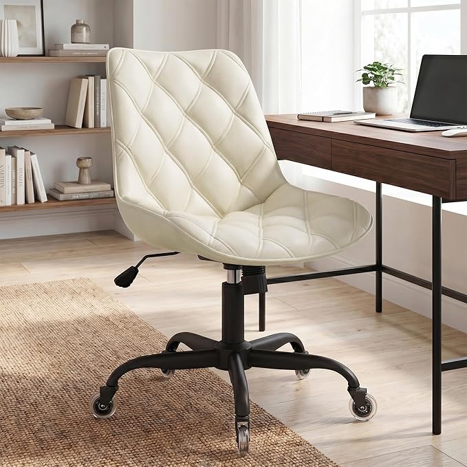 Armless Office Chair, Mid Back Modern Desk Chair with Rubber Wheels, 360 Swivel PU Leather Office Chair No Arms, Adjustable Height Small Computer Chair, Armless Desk Chair for Office, White