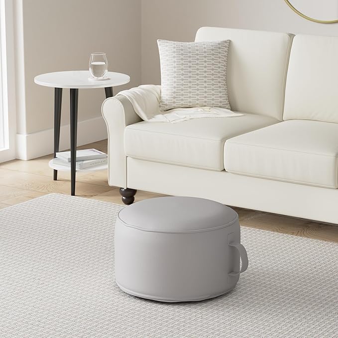 QILLOWAY Inflatable Outdoor Ottoman for Patio, Waterproof Round Pouf, Inflatable Foot Rest, Outdoor Footstool for Poolside, Garden，Camping,Light Grey