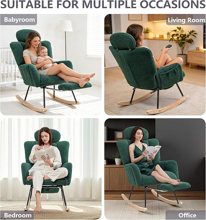 MINCETA Nursing Rocking Chair with Foot Rest, Modern Nursery Chair for Breastfeeding and Relaxing, Upholstered Glider with Head Support, High Back Ergonomic Design for Nursing Mom and Baby, Green