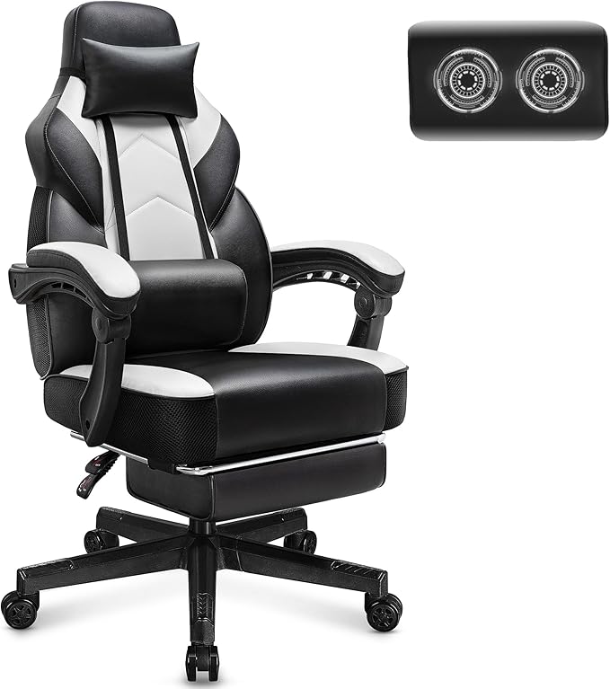 Big and Tall Gaming Chair for Adults, Heavy Duty Computer Chair with Footrest, Video Game Chair, Massage Lumbar Support, Wide Seat High Back Reclining Desk Chair, White