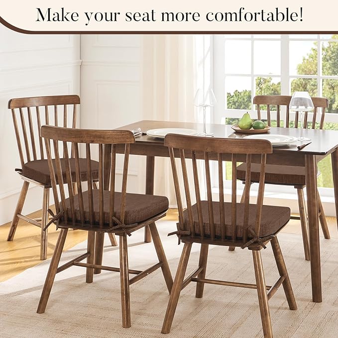 Basic Beyond Chair Cushions for Dining Chairs 4 Pack, Kitchen Chair Cushions with Ties and Non Slip Backing, 16 x 16 inches Chair Pads for Dining Chairs (Brown)