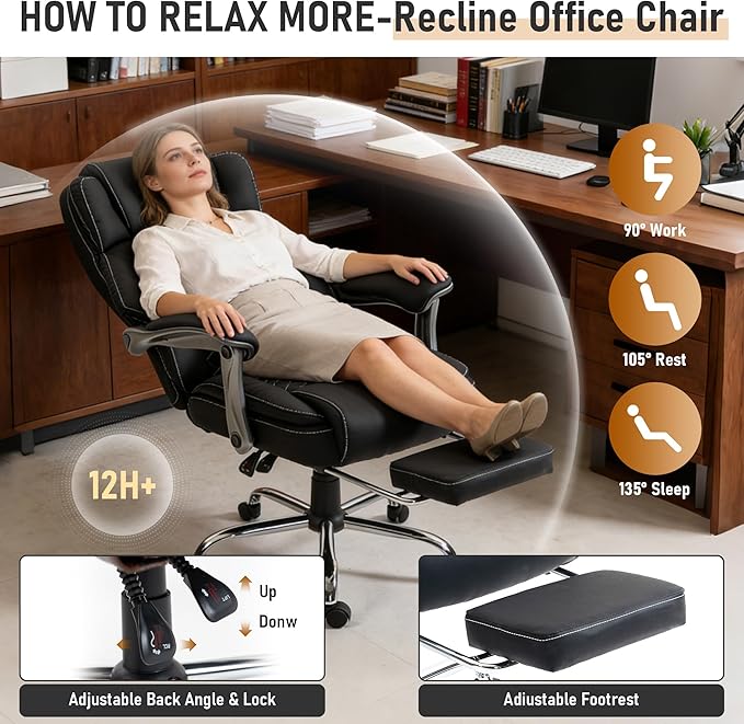 DYHOME 500 lbs Office Chair with Foot Rest, Ergonomic Reclining Big and Tall Office Desk Chair with Lumbar Support & Pocket Spring Cushion, High Back Computer Chair, PU, Thicker Seat Cushion (Black)