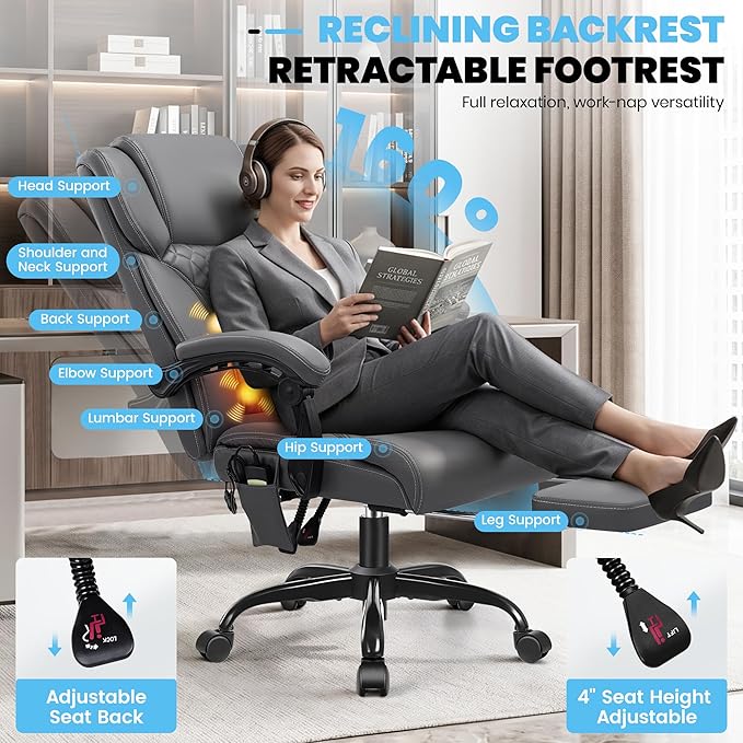 Massage & Heat Office Chair with Footrest, 400LBS Reclining Ergonomic Executive Chair for Big & Tall, High Back Home Office & Gaming Desk Chairs for Heavy People, Grey