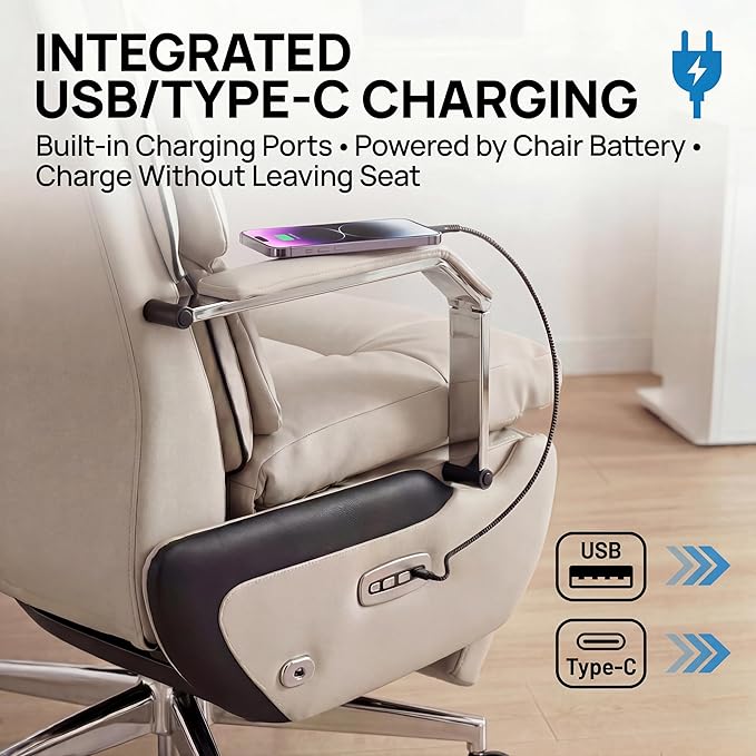 Dual Motor Executive Reclining Office Chair with Footrest – One-Click Electric Recline, Massage Lumbar Support & Pillow, Big and Tall PU Leather Ergonomic Desk Chair for Home Office/Gaming(White)