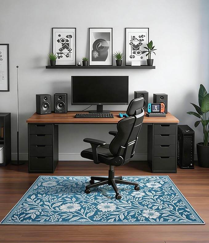 chakme Office Chair Mat for Hardwood Floor, 48"x36" Easy Glide Computer Desk Mat Protector for Rolling Chair Under Desk Rug Nonslip Backing, Machine Wash, (Blue Flowers)