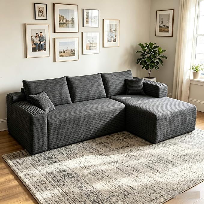 94" Boneless Couches with Right Facing Chaise for Living Room,Corduroy Sectional Couch,L-Shape Cloud Couches Compressed Memory Foam Cloud Sofa,No Assembly Required,Darkgrey