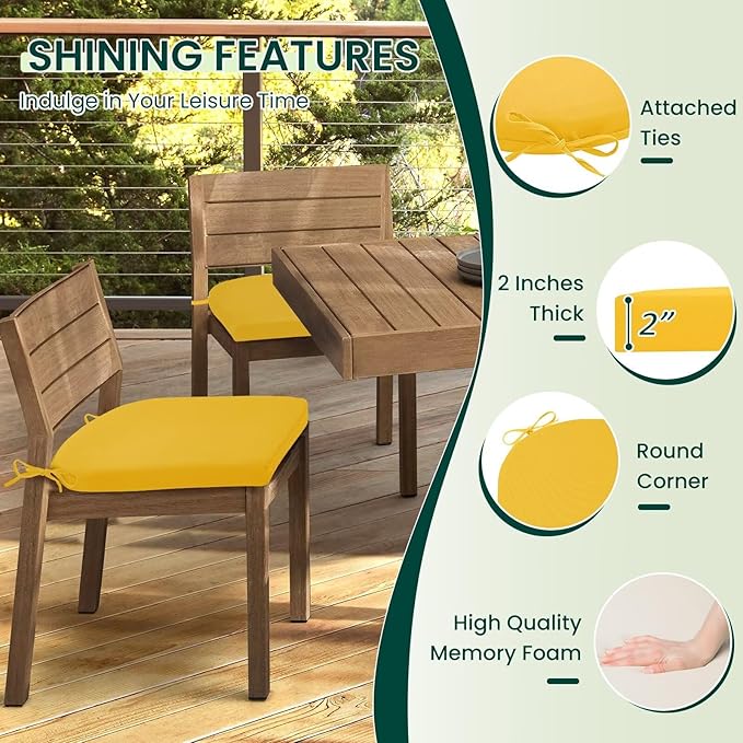 HARBOREST Outdoor Chair Cushions Set of 4, Water Resistant Patio Chair Cushions with Ties, Outdoor Seat Cushions for Patio Furniture, 17"x16"x2", Yellow