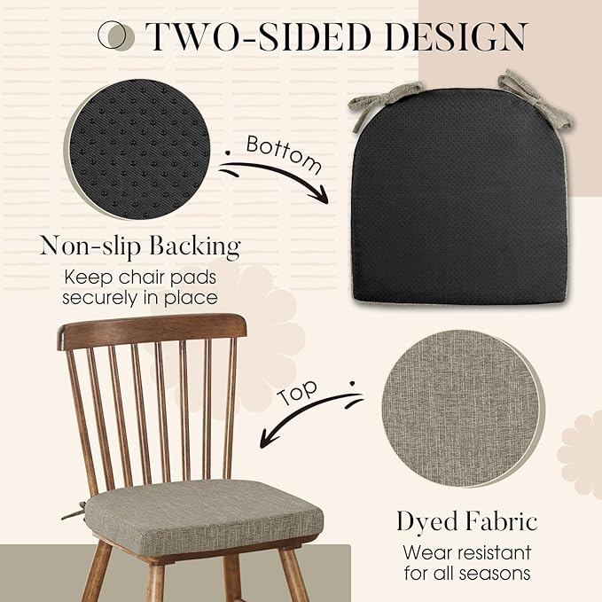 Basic Beyond Chair Cushions for Dining Chairs 6 Pack, Kitchen Chair Cushions with Ties and Non Slip Backing, 16 x 16 inches Chair Pads for Dining Chairs (Khaki)