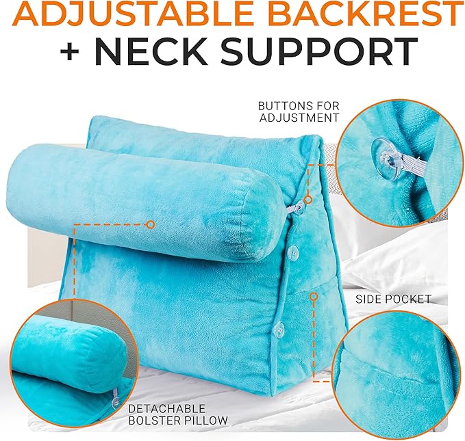 Cheer Collection Reading Wedge Pillow - Adjustable Wedge Reading Pillow with Neck Support, Hollow Fiber-Filled Backrest Pillow for Reading, Gaming, and TV Watching, Sky Blue