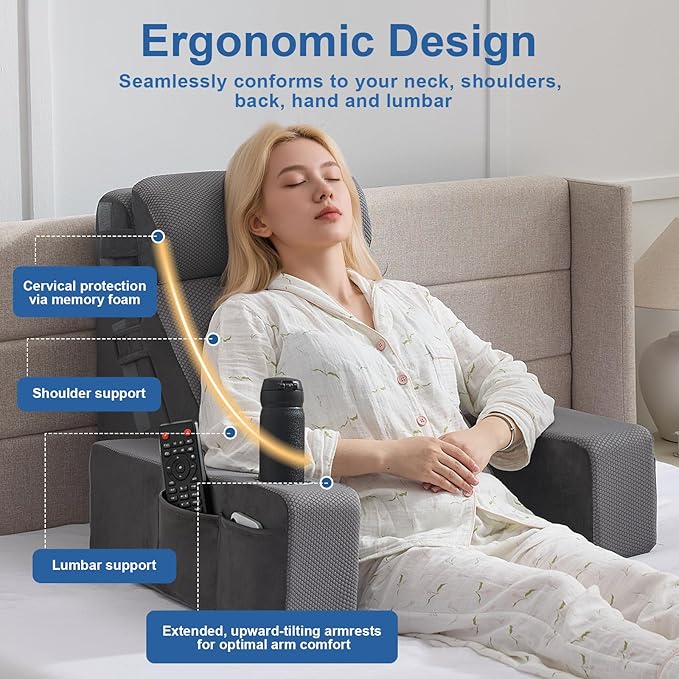 Reading Pillow for Sitting in Bed Adult, Back Pillow for Bed Sitting up with Arms, Pockets and Cup Holder, Sit Up Backrest Pillows for Beds Chair Support, Rest Pillow for Gaming