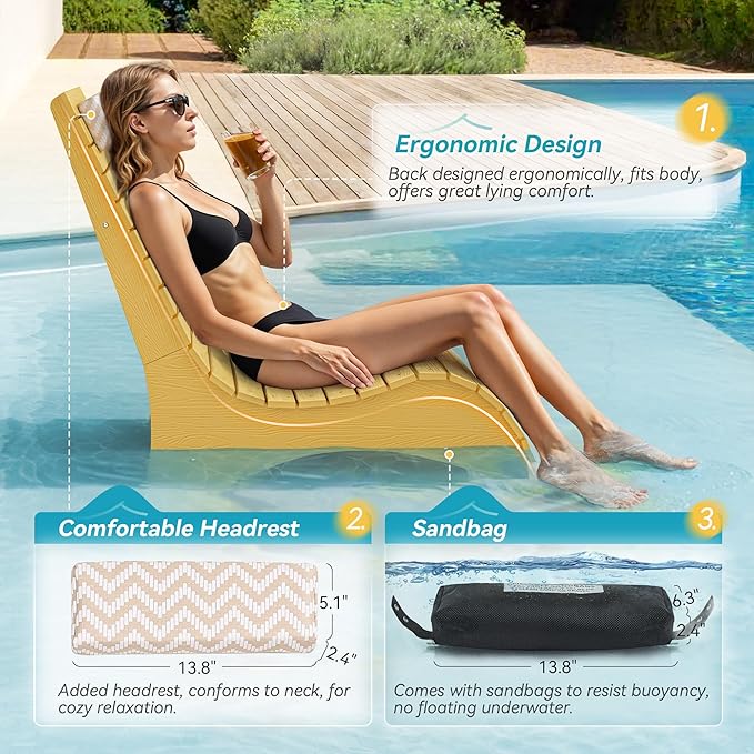 HDPS Pool Lounge Chairs, Use in Pools Lounge Chairs up to 10-Inches of Water, Chaise Chairs with Headrest, Lounge Chair Outdoor, Fade-Resistant Pool Lounger for Deck