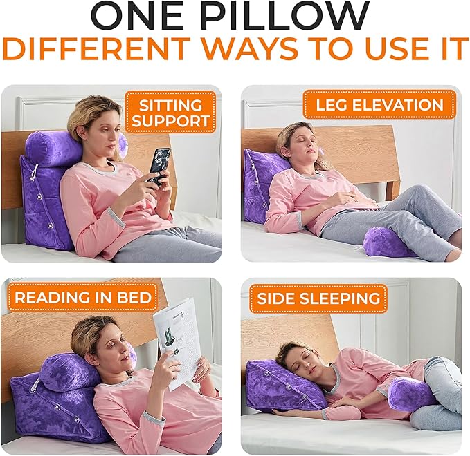 Cheer Collection Reading Wedge Pillow - Adjustable Wedge Reading Pillow with Neck Support, Hollow Fiber-Filled Backrest Pillow for Reading, Gaming, and TV Watching, Purple