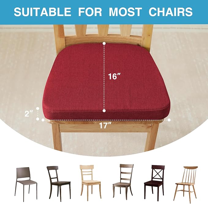 IASEAHK Chair Cushions for Dining Chairs Set of 4, Non Slip Kitchen Chair Pads, 17" x 16" x 2", Indoor Dining Chair Cushions with Ties, D-Shaped Seat Cushions for Kitchen Chairs, Red