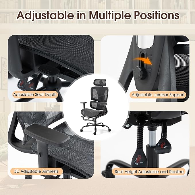 ECOTOUGE Ergonomic Office Chair with Footrest, High Back Mesh Computer Chair with Adjustable Lumbar Support, Rolling Swivel Desk Chair for Home Office, Gaming Chair with Headrest and Wheels, Black
