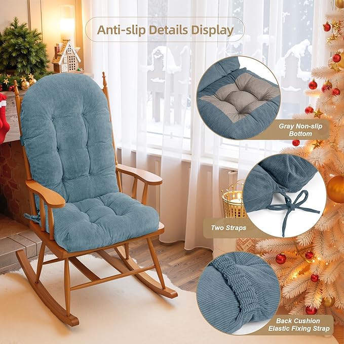 Rocking Chair Cushion - Corduroy Fabric, High-Density Sponge, Durable Comfort Non-Slip Bottom Tufted Seat Pads with Ties, Corduroy︱Blue, 44x19x4 inch
