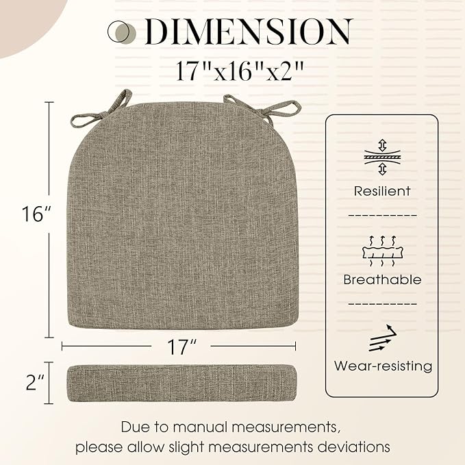 Basic Beyond Chair Cushions for Dining Chairs with Ties and Removable Cover, 2" Thick Seat Cushions for Kitchen Chairs, Set of 6, 17" x 16", Khaki