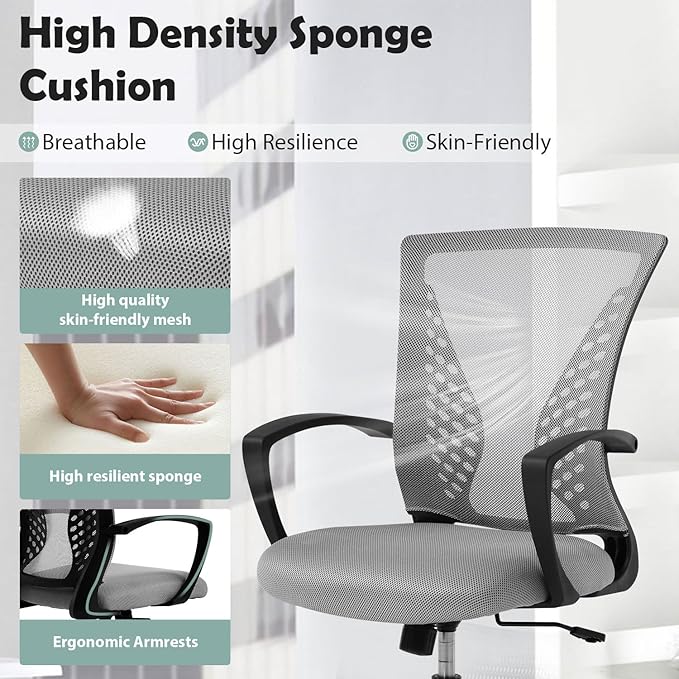Mid Back Office Chair with Lumbar Support - Breathable Mesh Computer Chair for Desk, Ergonomic Adjustable Swivel Chair with Arms, Home & Office Use, Fits Small Spaces (Grey)