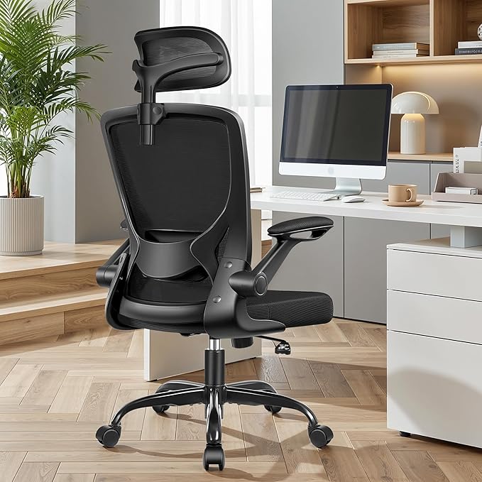 BESTFAIR Office Chair Ergonomic Desk Chair, Breathable Mesh Office Chairs with Adjustable Lumbar Support, Flip-Up Arms, Computer Desk Chair Comfy for Home Office, 4 Pack