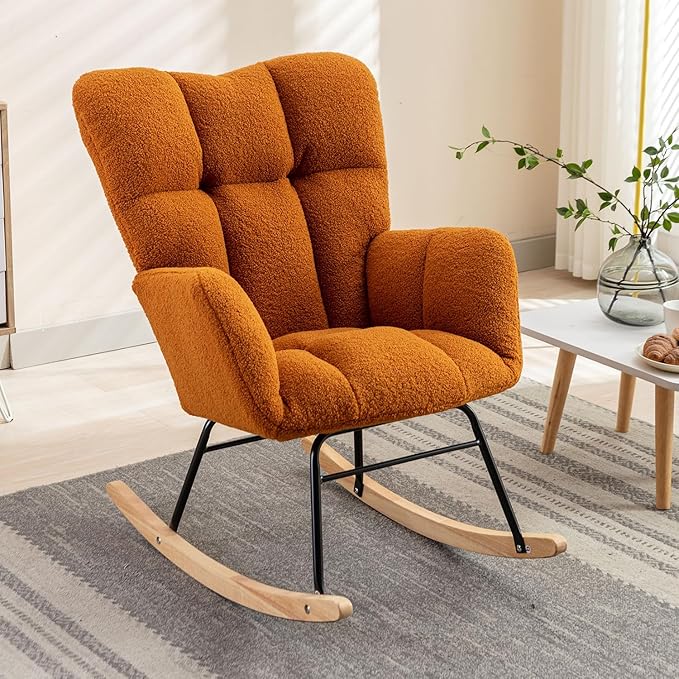 FOXHUNTER Rocking Chair Nursery Teddy Upholstered Glider Rocker High Backrest Nursery Rocker Comfortable Stylish Accent Armchair for Living Rooms Bedrooms Offices (Teddy Caramel)
