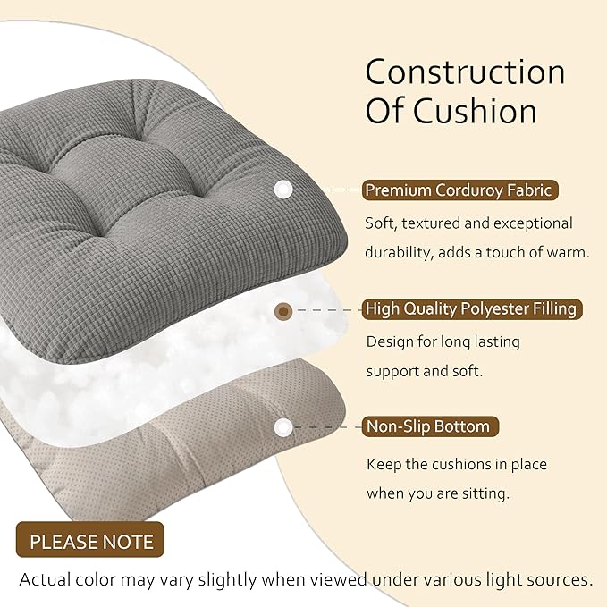 ELFJOY Dining Chair Cushions 1 Piece Thick Non Slip Kitchen Chair Pads with Ties Comfortable Indoor Kitchen Seat Cushions (18" x 18" x 3" Light Grey)