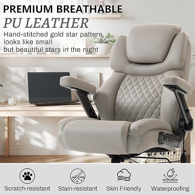 Big and Tall Office Chair 750lbs, Executive Office Chair with Adjustable Headrest&Lumbar Airbag Support, PU Leather High Back Heavy Duty Desk Chair 5D Flip Arms, Ergonomic Thick Spring Cushion, Beige