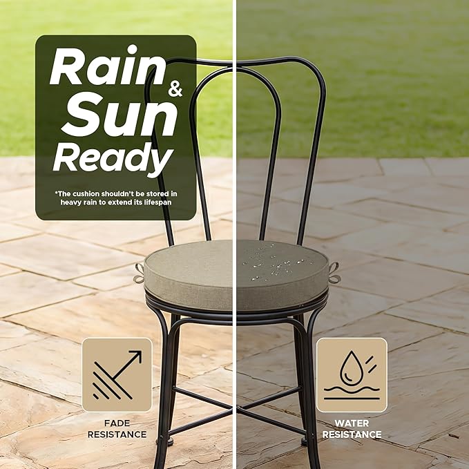 Outdoor Round Chair Cushions 15 Inch, Fade-Resistant & Water-Resistant, Bistro Chair Seat Pads for Porch Garden Balcony Patio Furniture Stools, Non-Slip Bottom, Set of 4, Natural
