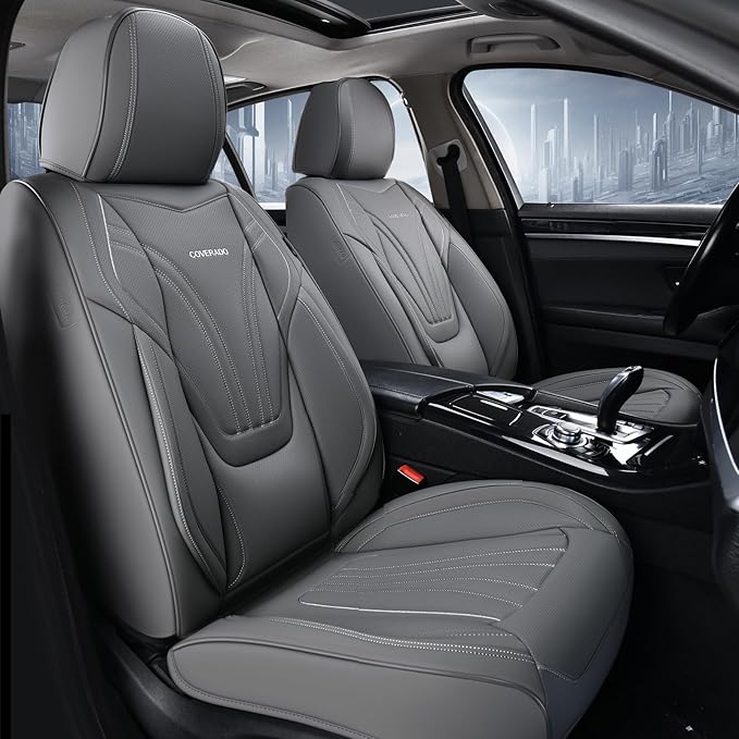 Coverado Car Seat Covers Front Seats, 2 Piece Car Seat Protector with Lumbar Support & Removable Headrest, Breathable Leather Seat Cushion Universal Fit for Truck Automotive Vehicles Gray