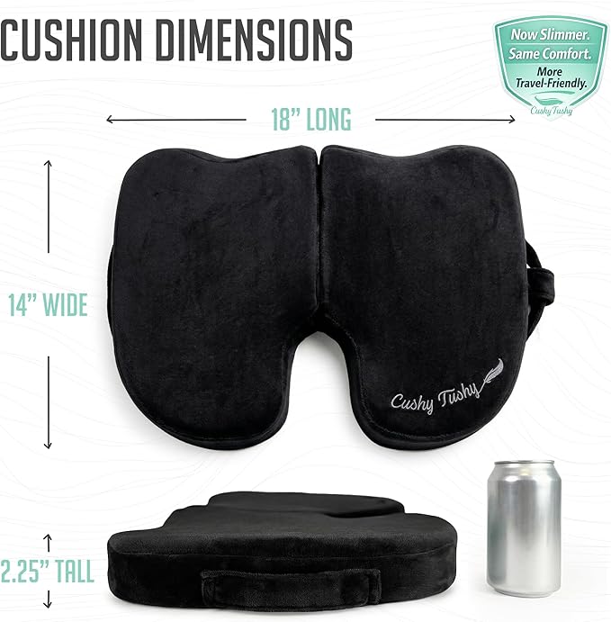 Cushy Tushy Premium Slim Foldable Travel Seat Cushion - for Relief of Lower Back, Sciatic, Butt and Tailbone Pain - for Home & Office Use, Perfect for Travel or Driving - Slim Coccyx Cushion - Black