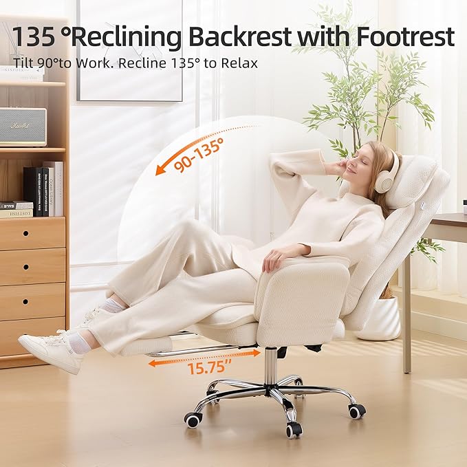 TonghuaS Criss Cross Office Desk Chair with Foot Rest and Flip Armrests for Pets Friendly & Extra Space, Ergonomic Reclining Gaming Computer Chair with Lumbar Pillow(Chenille Fabric Off-White)
