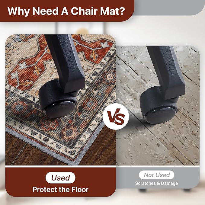 36"x60" Office Chair Mat for Hardwood Tile Floor, Under Desk Carpet Protector for Rolling Computer Chair Mat, Machine Washable Area Rug, Anti-Slip 1/5" Thick Low Pile Thin Vinyl Floor Mat, Annatto