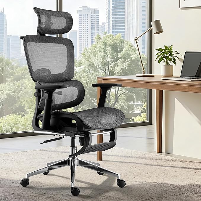 Ergonomic Office Chair, Home Mesh Desk Computer Chair, Comfortable Gaming Chair with Footrest, Wheels, Adjustable 2D Headrest, Lumbar Support, High Back and 3D Armrest, Black