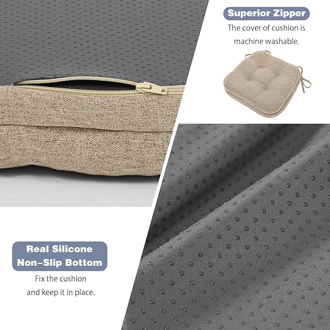baibu Set of 2 Dining Chair Cushions, Dual-Layer Patent Design Memory Foam Kitchen Chair Cushions, Non-Slip Seat Pads with Ties, 16.5 x 16.5 x 3.5in, 2 Pack, Khaki