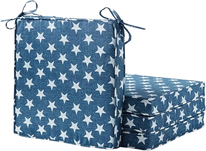 Outdoor 18 inch Square Patio Dining Chair Pads – Comfortable Fiber-Filled Seat Cushions with Ties, Reversible Polyester Fabric - Stars, Set of 4