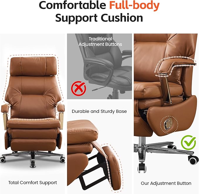 Big and Tall Executive Office Chairs with Footrest, Ergonomic 360° Swivel Desk Chair High Back Recliner, Manual 150° Reclining Computer Gaming Chair with Wheels for Home Office Faux Leather, Brown