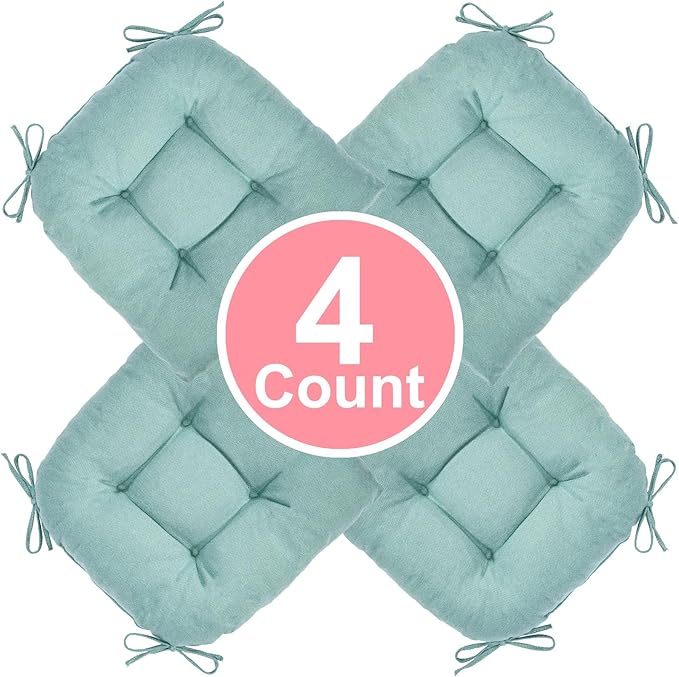 Chair Cushion, Chair Cushions for Dining Chairs, Chair Pads and Mat with Ties for Indoor Kitchen Seat and Desk (Aqua Blue, 4 Count - 17 x 16 in)